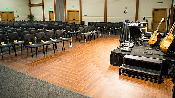 Stage and view of room.